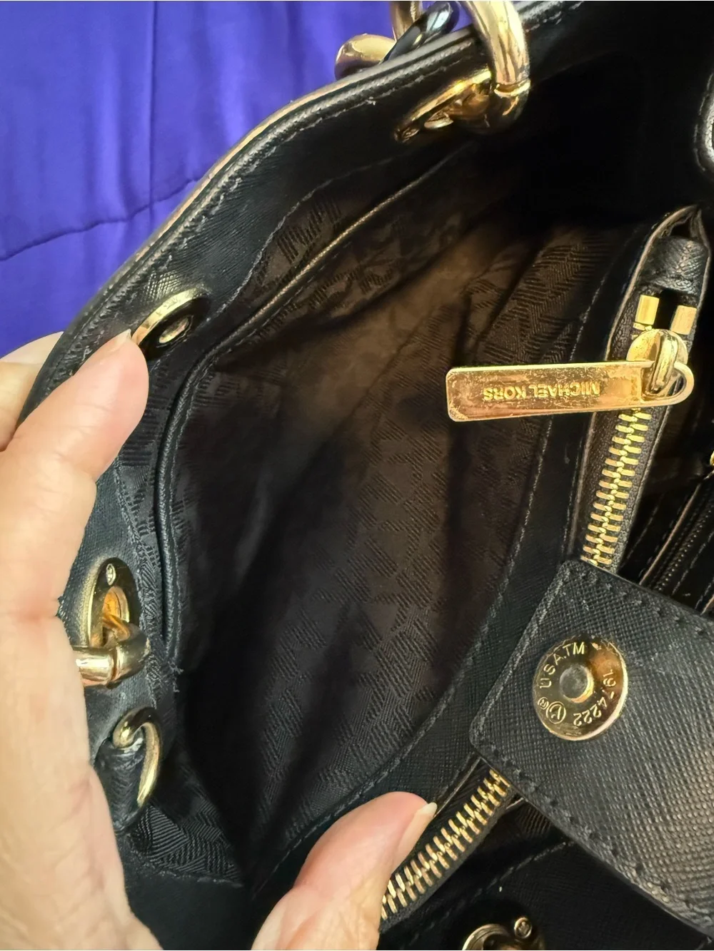 Michael Kors Black Saffiano Satchel with Gold Chain Accents